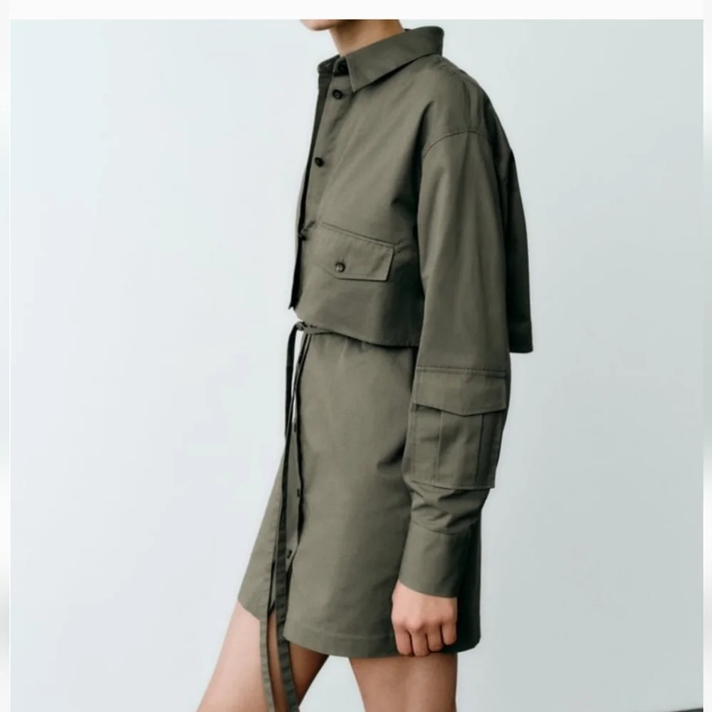 Zara Gabardine Shirt Dress Green Utility Long‎ Sleeves